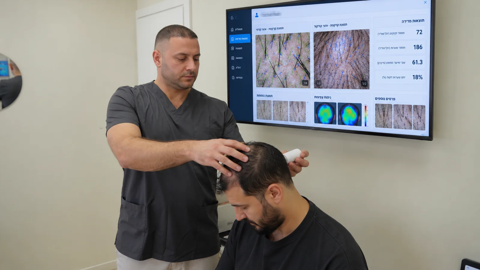 ד״ר אסדי בודק מטופל בפלס, מסך האבחון ברקע